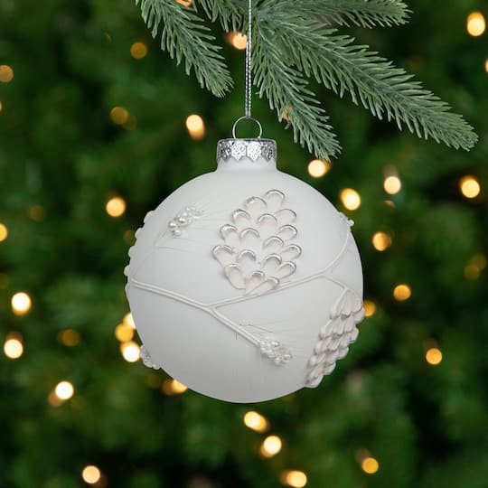 35254056 3.5 x 3.5 x 3.5 in. Glass Ball with Leaves Pattern Ornament - Assorted Style, White